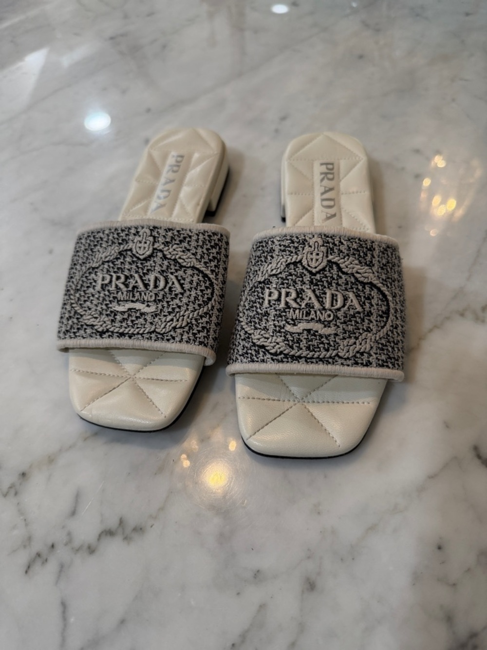 Prada Cream & Gray Quilted Logo Slide Mules